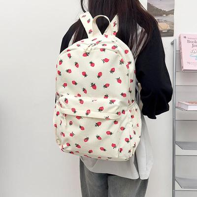 Korean Style Corduroy Strawberry Backpack for Trendy College Girls