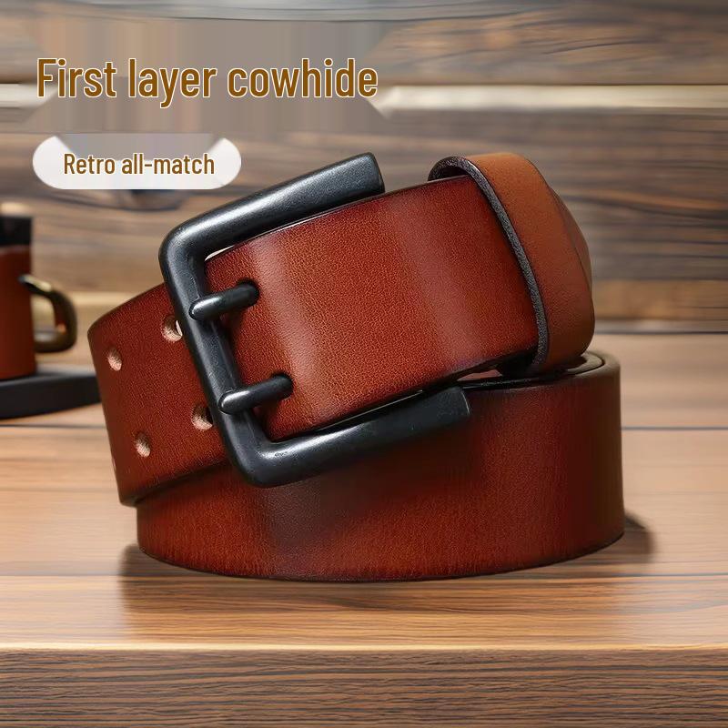 Heren Retro Jeugd Echt Leer Riem - 4,3CM Breed, Dubbele Gesp, Veelzijdig Koeienhuid Tailleband