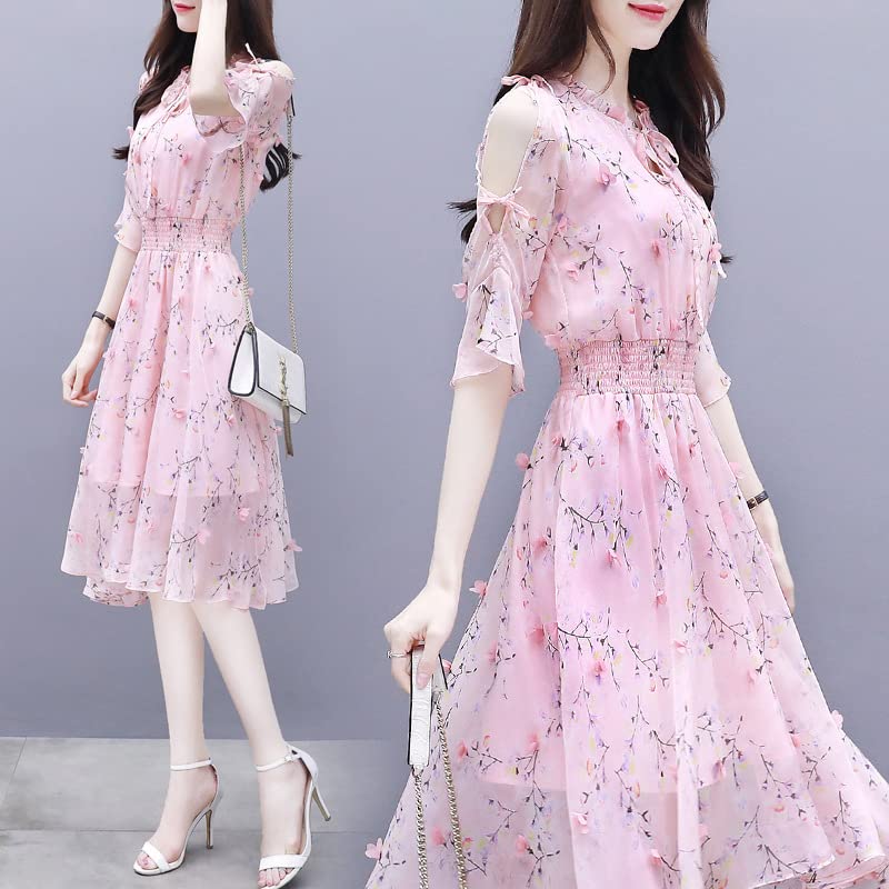 BLZXIAN Summer Floral Chiffon Dress with Flared and a Chiffon Skirt with a Crew Neck and Design Size Women's Skirt, Slimming, Long, Fairy-Style A-Line