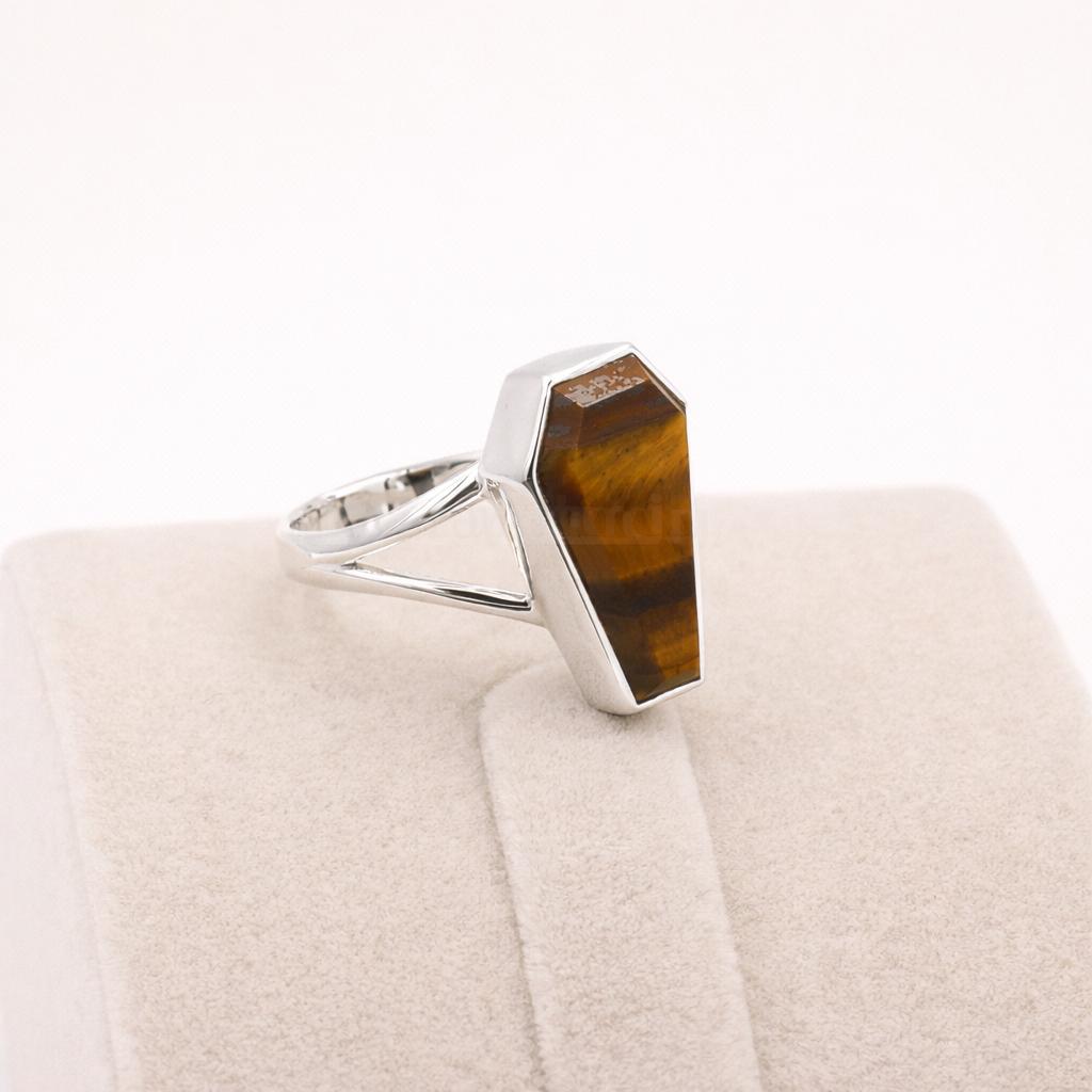 

Tiger Eye Coffin Ring Handmade 925 Sterling Silver, Gothic Gemstone Ring, Prong Set Statement Jewelry, Gift for Her 4 серебряный