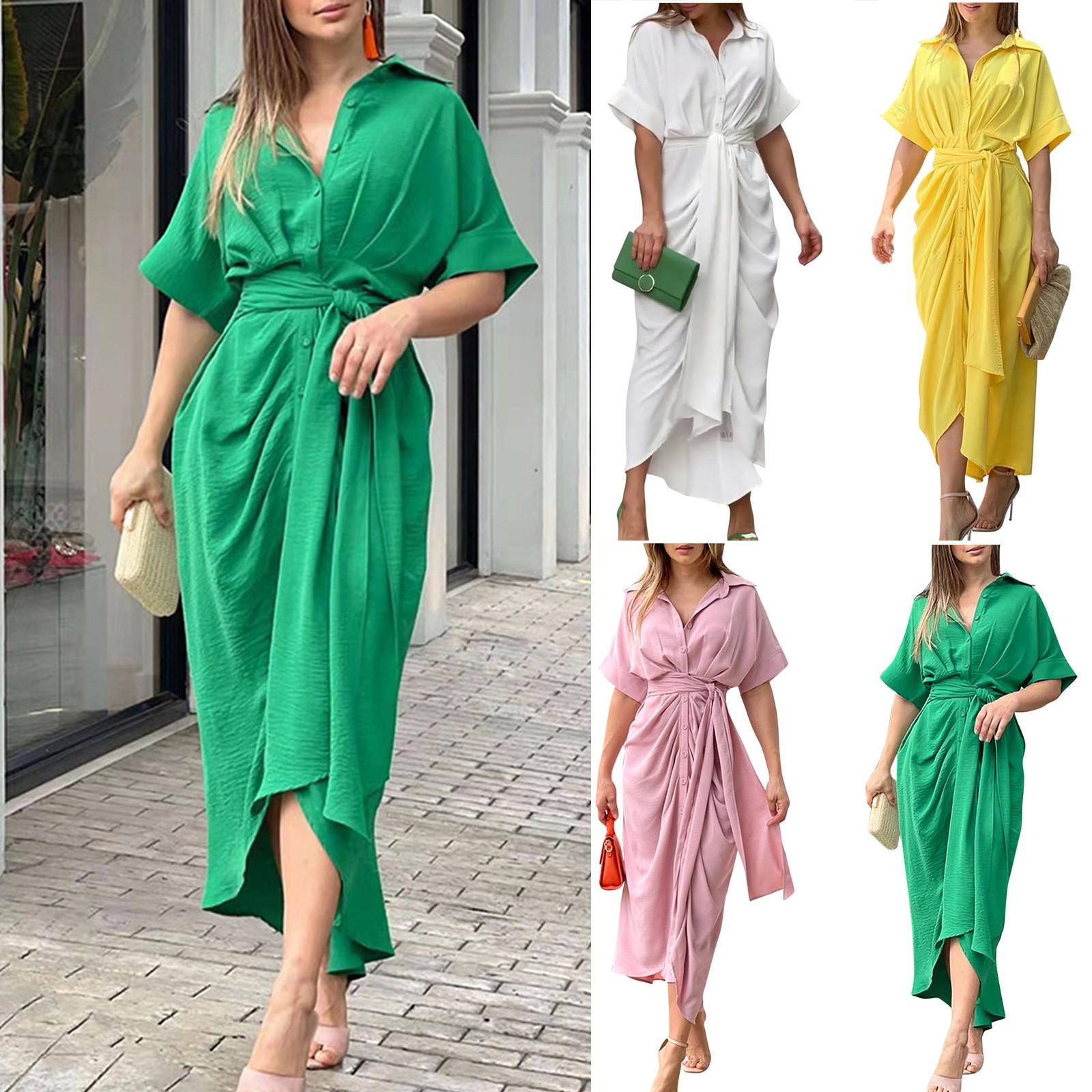 

(Острая курица)Женское однобортное платье-рубашка с коротким рукавом и высокой талией, платье средней длины с поясом