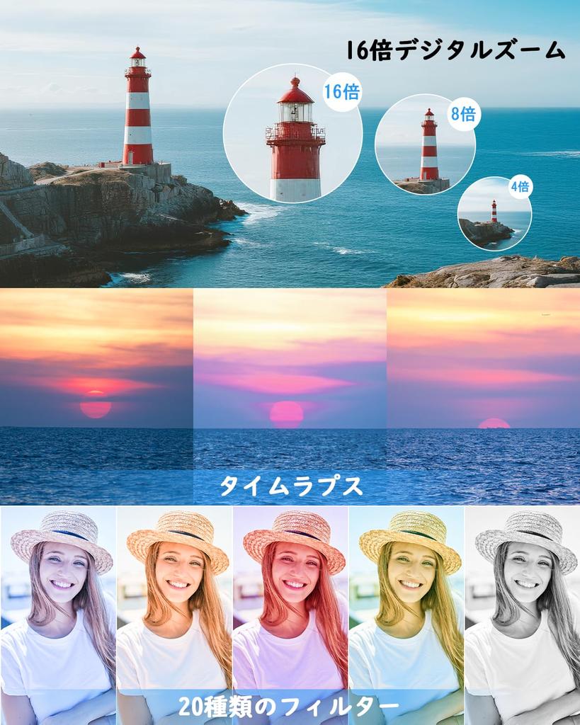 CAMKORY 4K Digital Camera New Model AF 48MP 16x Zoom Dual Lens Selfie Compact Webcam Vlog Camera Lightweight 32GB Card Included Japanese Instruction