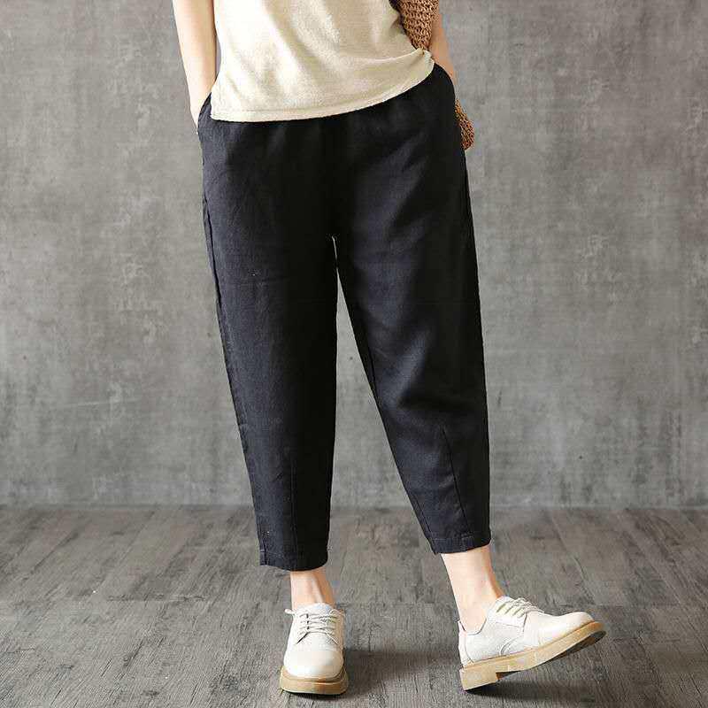 Women's Summer Washed Cotton Cropped Harem Pants, Solid Color, Loose Fit, Elastic Waist, Slimming, Versatile Style
