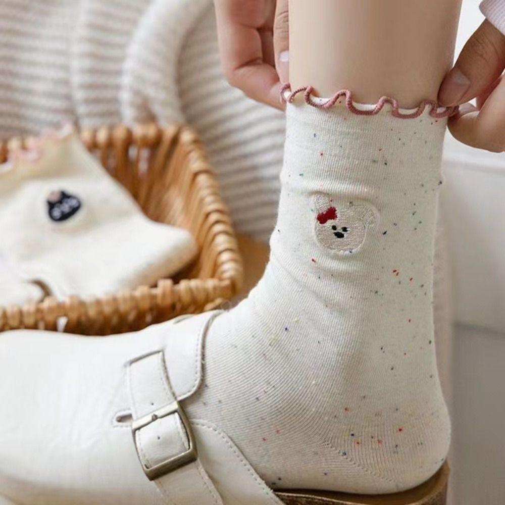 5Pairs Embroidery Ruffled Socks Women Cat Mid-calf Cotton Socks Sweet Bowknot Sock  Students
