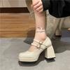 Fashion New Lacquer Leather Women's Double Button Thick High Heels Women's Square Head Buckle Thick Heels Large Heels Women's Shoes
