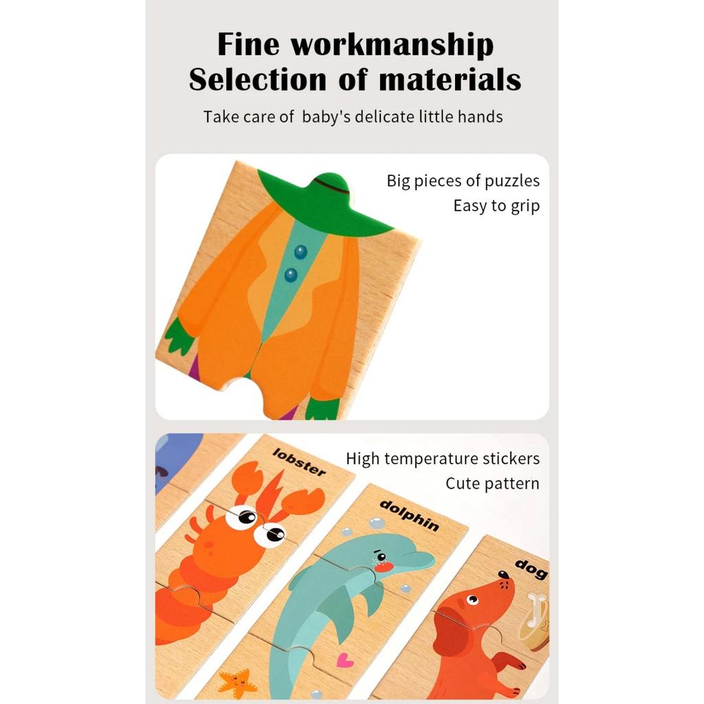 Drewniana zabawka edukacyjna Montessori Gra pamięciowa z dopasowywaniem wzorów zwierząt dla dzieci Poznawanie słów angielskich Układanka planszowa Prezent dla dzieci
