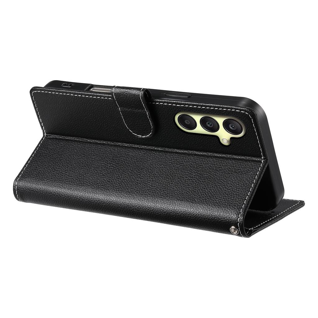 For Samsung Galaxy A17 5G Case Magnetic Snap Litchi Texture Leather Wallet Phone Cover with Wrist Strap