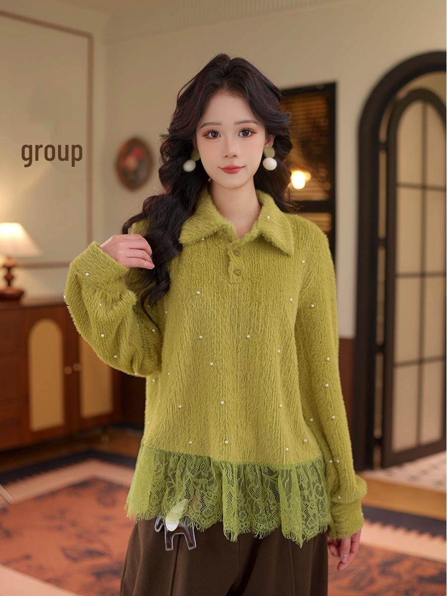 DaYuanSAD Women s Lace Irregular Long Sleeve Layering Shirt #S15066 Small зелёный