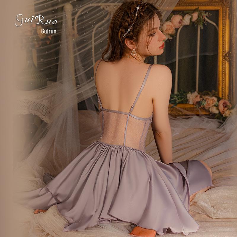 Guiruo Satin Lace Nightdress & Robe Set with Chest Pad
