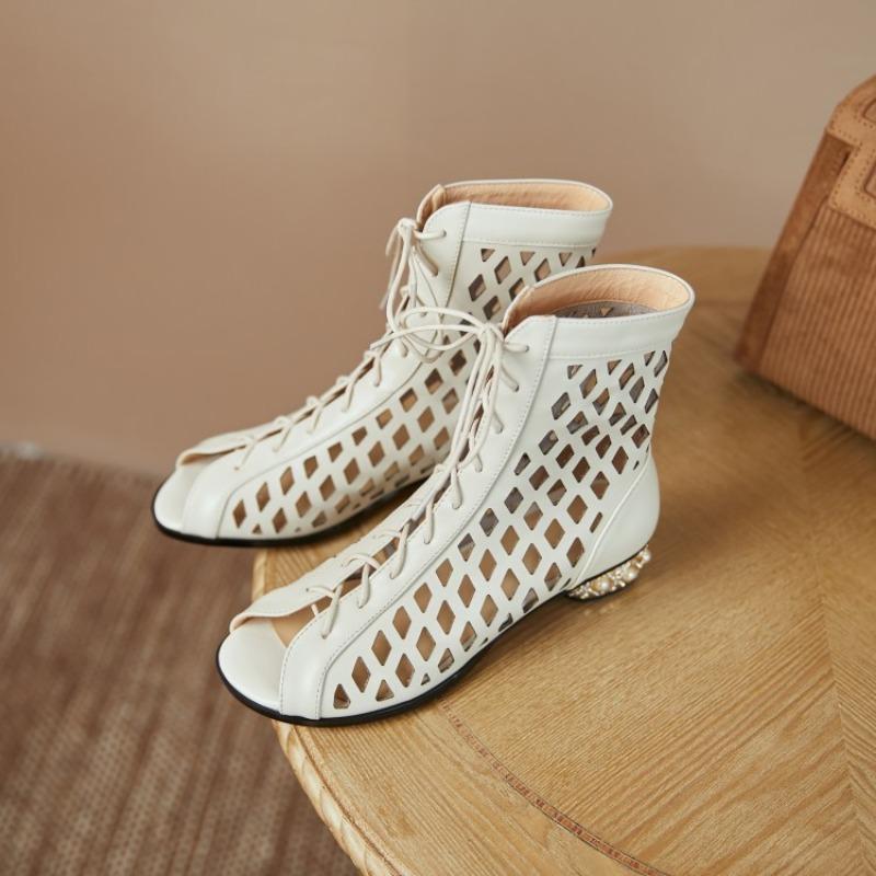Fashion Cowhide Hollowed Out Cross Strap Fish Mouth Cool Boots Spring Summer Women Electroplated Full Diamond 3cm Low Heel Sandals 33-44
