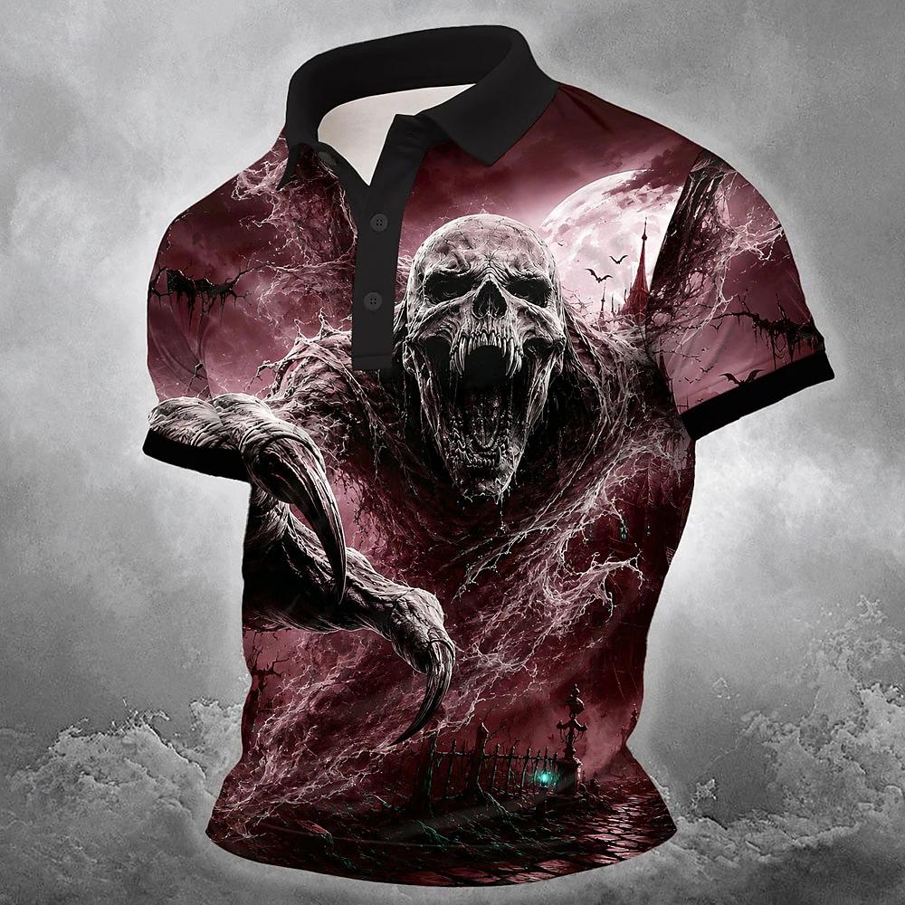 Men Halloween Skeleton 3D Printed Short‑Sleeve Collared Polo Shirt Buttons Casual Athleisure Spring Summer Daily Festival Outfit