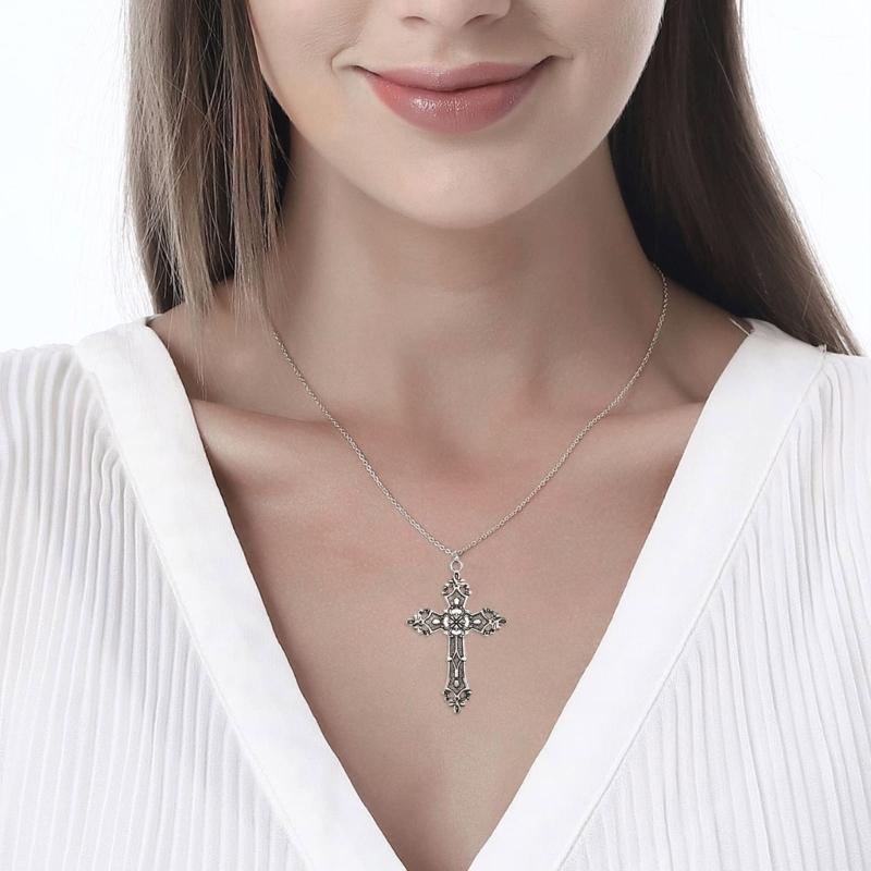 Church Crucifix Necklace Gothic Party Jewelry Pendant Necklace Vintage Alloy Indie Punk Choker Sweater Chain for Women