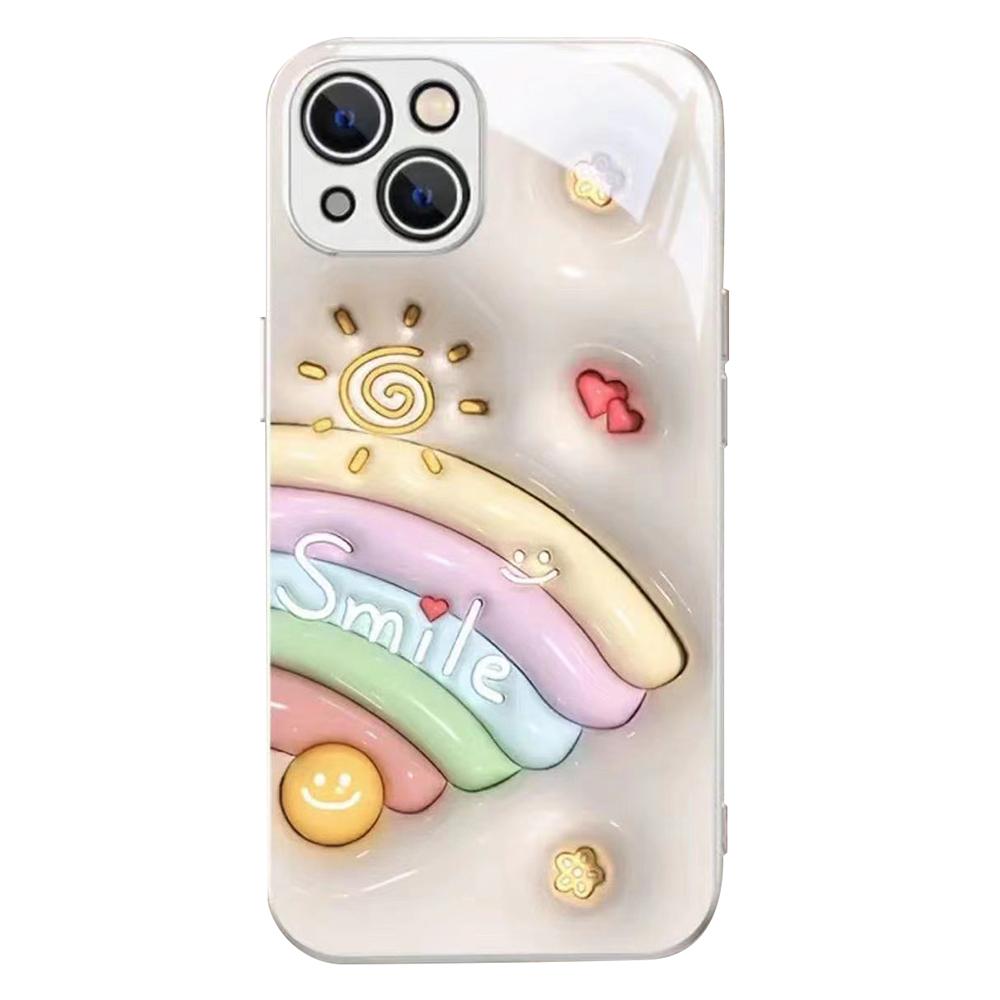 

Tempered Glass+TPU Case for iPhone 14,Smile Face Rainbow Pattern Anti-drop Phone Cover White