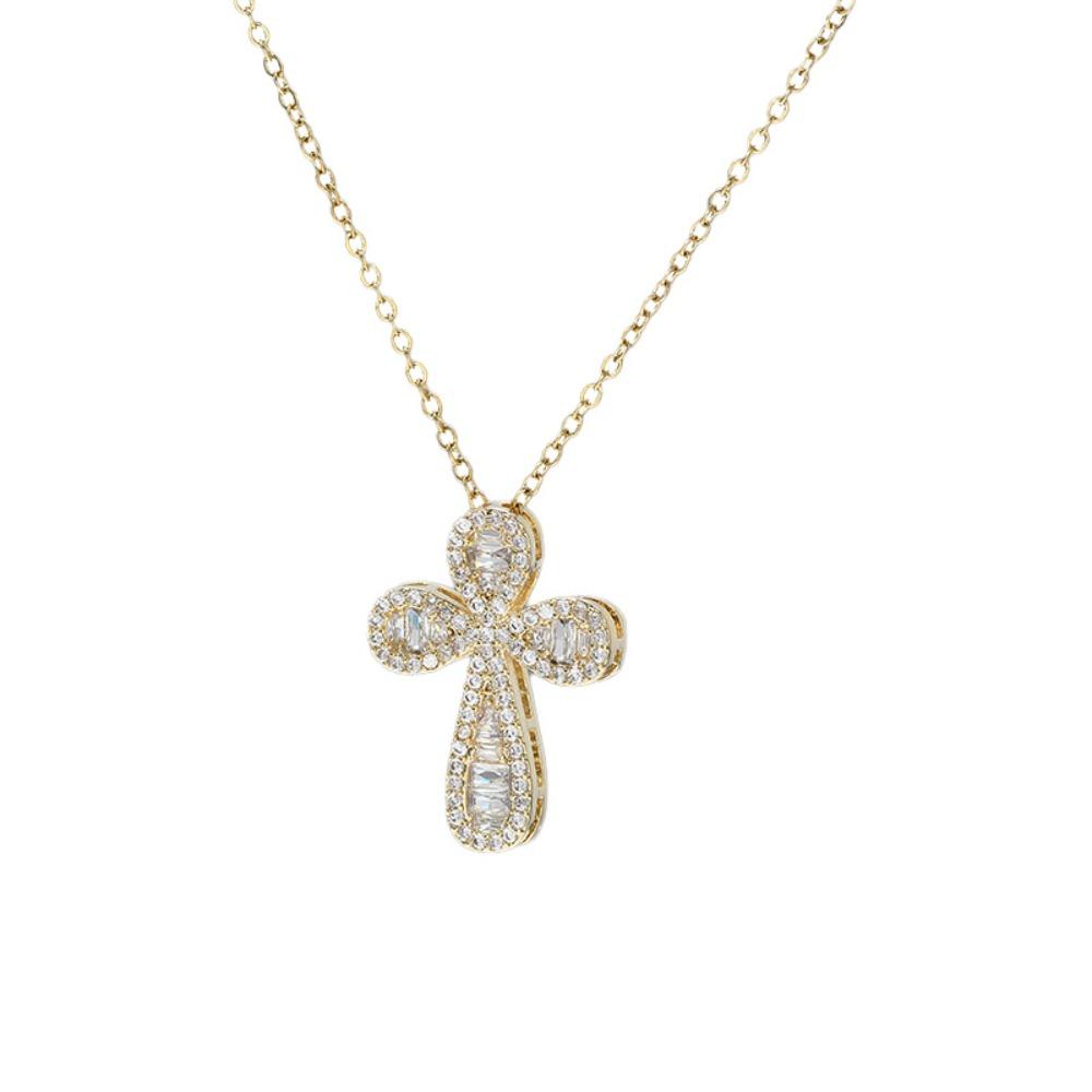 adiant Cross Pendant Necklace - Micro-paved Baguette Zircon Shimmering Clavicle Chain - Elegant Gold/Silver Plated Jewelry for Women