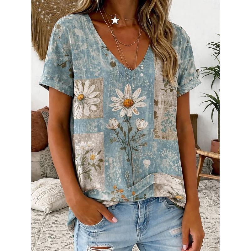 Women's T-Shirt Print Floral Pattern Botanical Retro Fashion Classic Short Sleeve V Neck Long Top Casual Summer Spring