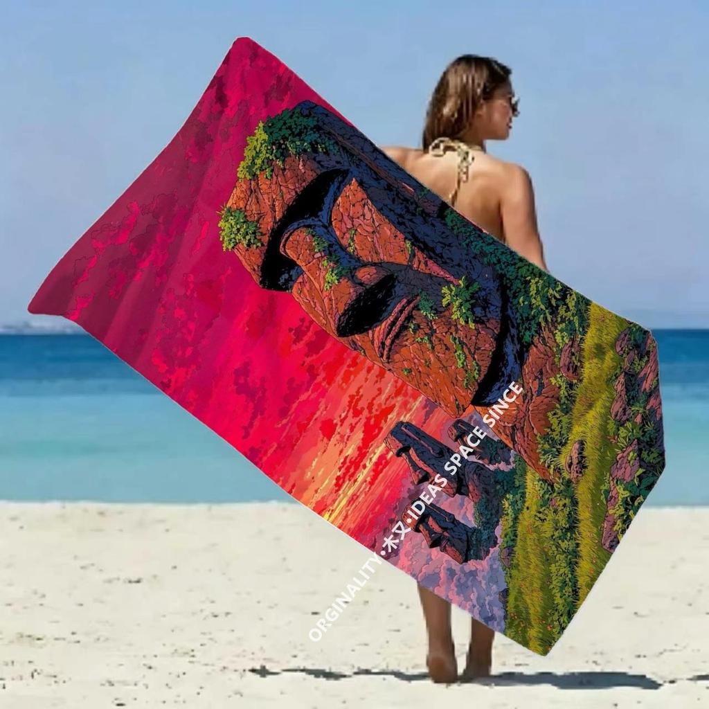 Moai Statue Tropical Sunset Beach Towel Patterned Sunscreen And Windproof Suitable For Swimming Pool Camping Travel