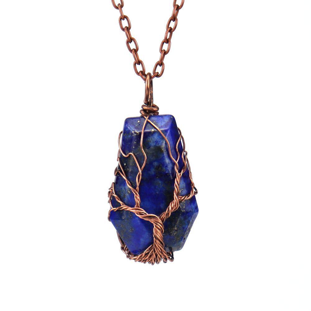 Handmade Ancient Red Copper Wound Tree Of Life Natural Crystal Stone Octahedron Necklace Fortune Tree Necklace N539