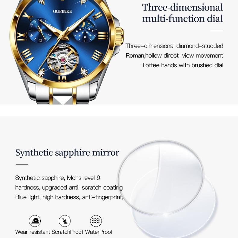 OUPINKE Waterproof Moon Phase Tourbillon Automatic Mechanical Watch Women's Watch Women's Watch