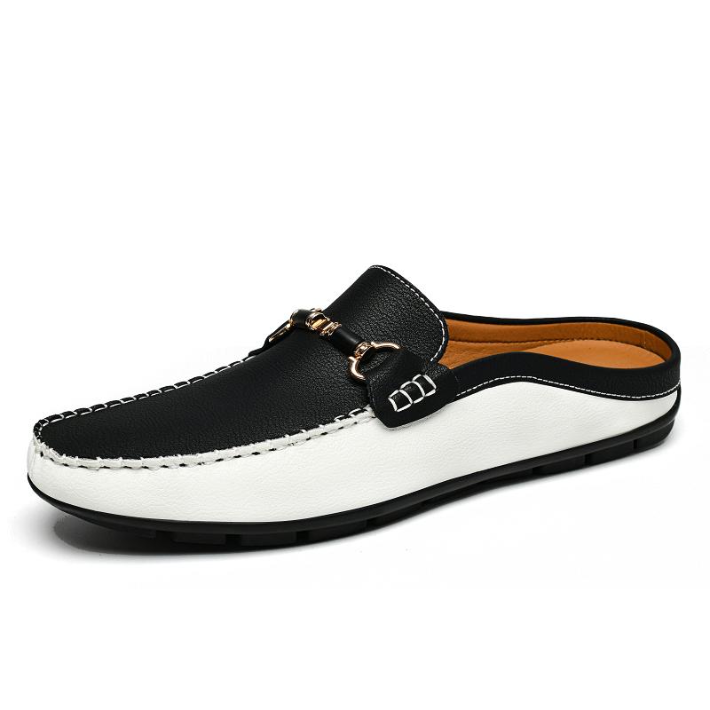 Plus Size 37-47 Open Back Casual Shoes Mules Men Summer Genuine Leather Loafers Slippers Half Shoes Slip On Flats Slides Sandals