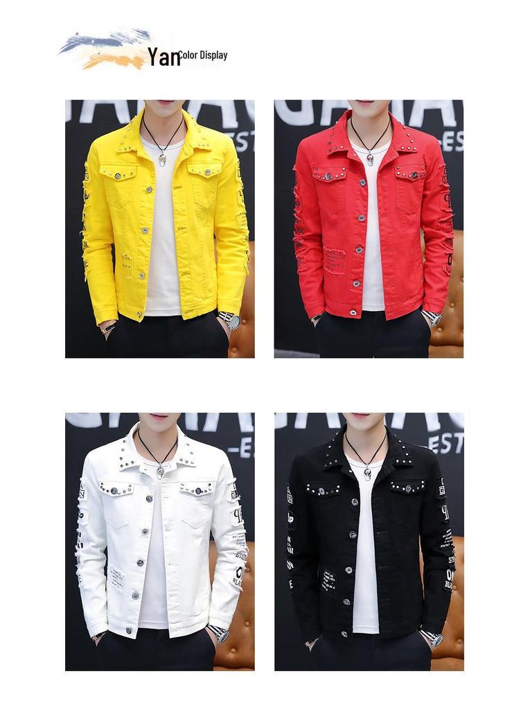 2023 Tavasz Férfi Koreai Stílusú Koptatott Farmer Szegecses Kabát