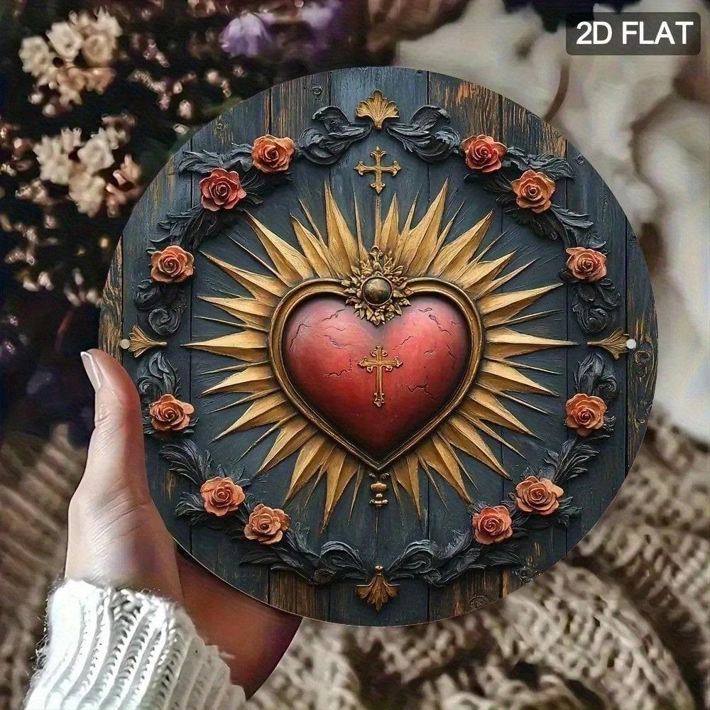 Vintage Heiliges Herz Jesu 7,8 Zoll Runde Wandplakette Gotische Religiöse Kunst Holzdekor Strahlender Sonnenstrahl Rotes Herz