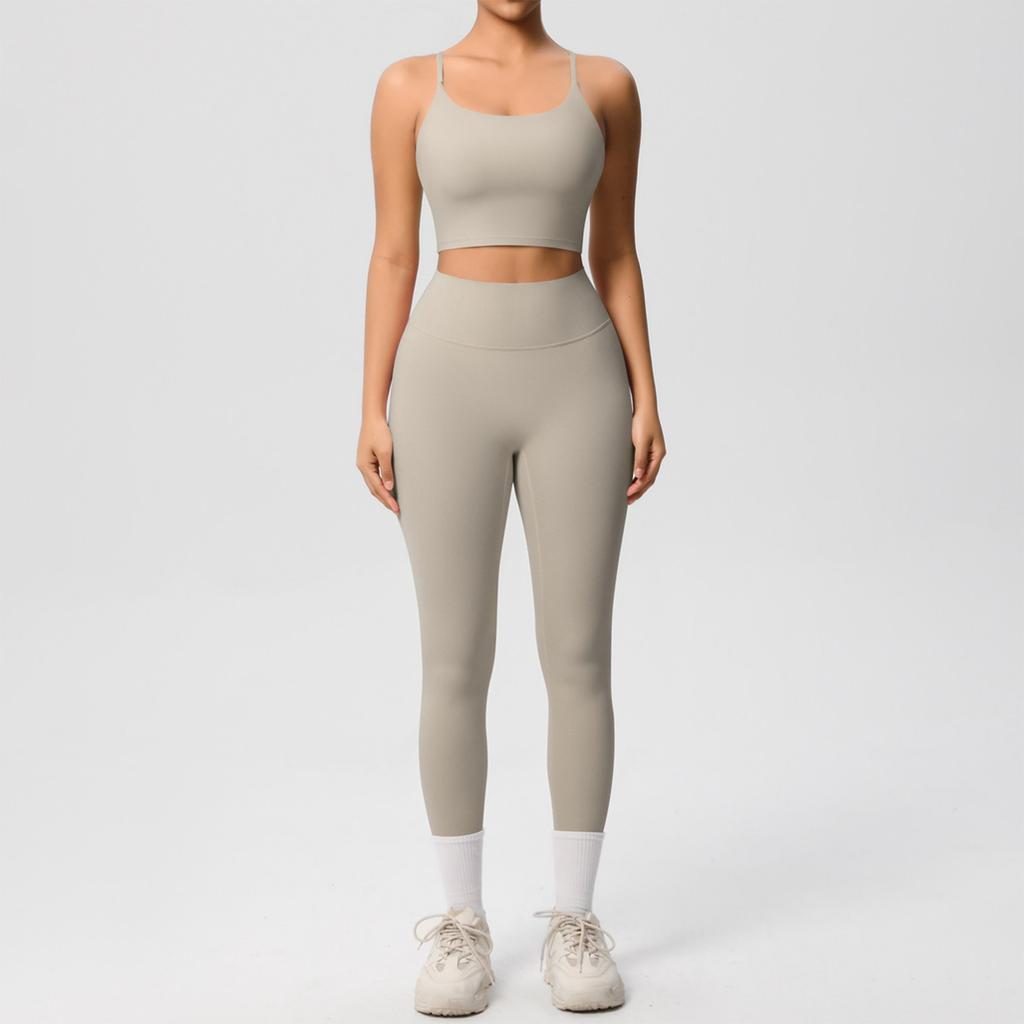 Women's Fashion Solid Color Back Top Tight Breathable Yoga Suit Set Sports Running Fitness Pants Two Piece Set