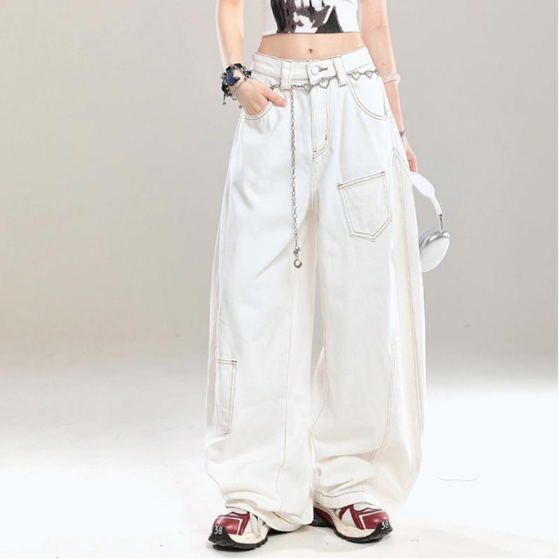 Lazy Style Design Sense Scimitar Jeans Women's Spring and Autumn Versatile Loose Pocket Wide-leg Floor Jeans