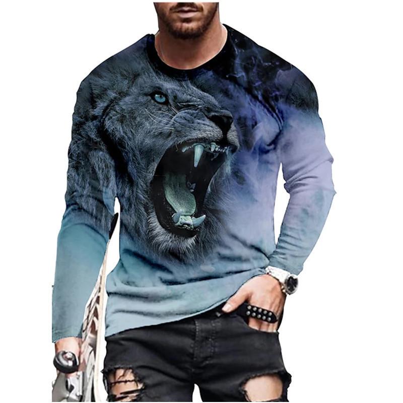 Round Neck 3D Animal Printed Top Casual Long Sleeved Men's T-shirts - Soft Medium Stretch Polyester Fabric Spring and Autumn Relaxed Fit Clothing