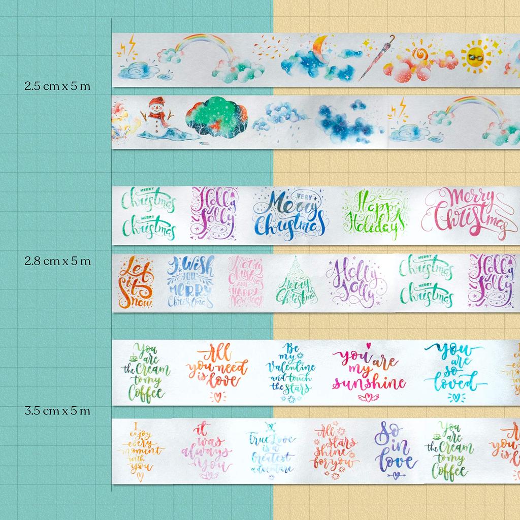 Navy Peony Holiday Love Greetings and Weather Washi Tape of 37mm x Cute Wide Decorative Tape for and Scrapbooks (Set 3, 5m) Waterproof, Watercolor,