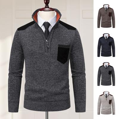 Fall Winter Men Sweater Zippered Stand Collar Long Sleeves Knitted Thick Chest Pocket