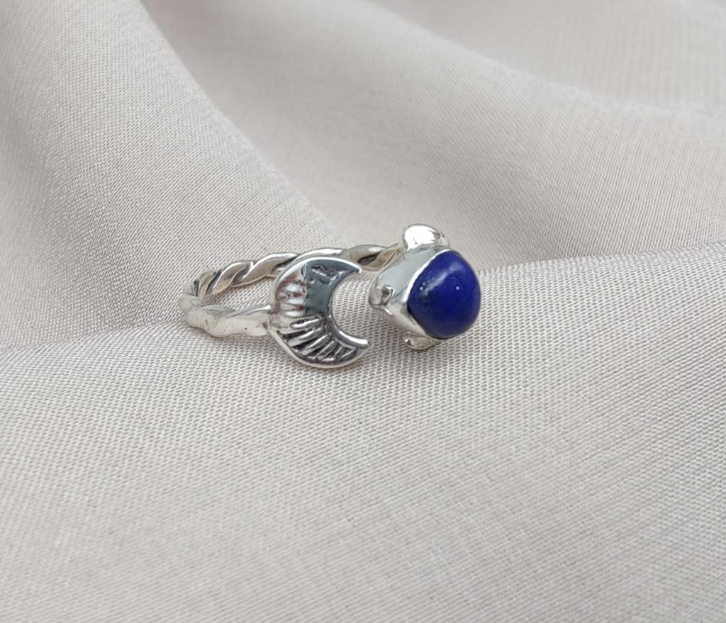 Lapis Lazuli Ring 925 Sterling Silver Moon Star Adjustable Ring Blue Gemstone Handmade Jewelry