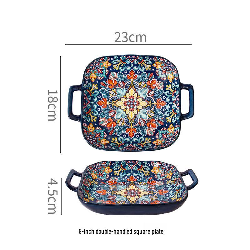

Bohemian Two-Handle Square Ceramic Dinner Plate - Creative, Trendy Fruit Dish