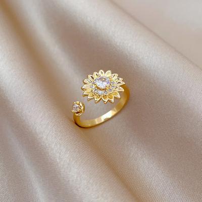 Real Gold Light Luxury Flower Full Diamond Ring Opening Adjustable Simple Jewelry Japanese Ring Couple Ring