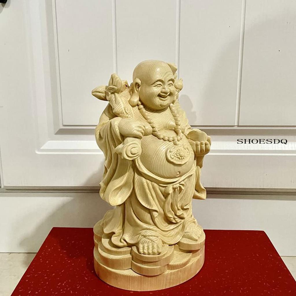 Wood Carved Buddha Statue Hotei Cypress Wooden High Quality Wood Money Luck Ornament Ornament, Carving, (Size 16cm)