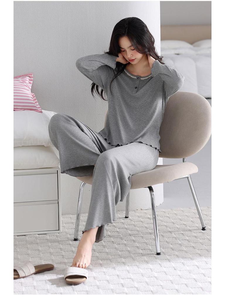 New Women's Grey Casual Modal Pajama Set - Long Sleeve Pullover with Chest Pads and Long Pants for Spring and Autumn
