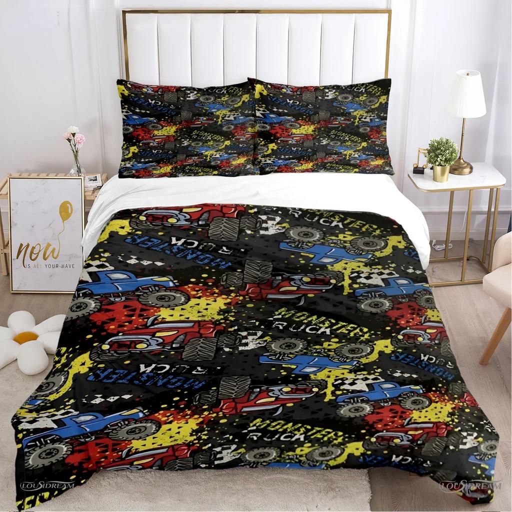 Copripiumino Monster Truck Catroon Monster Jam Set Biancheria da Letto Copripiumino Morbido e Federe per Adolescenti Singolo/Matrimoniale/Queen/King