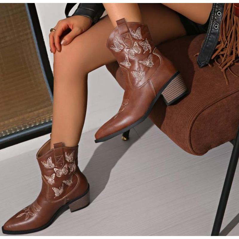 Fashion Women Boots New Winter Boots Western Cowboy Boot Pointed Embroidered Knight Boot Retro High Heels Allmatch Ankle Botas