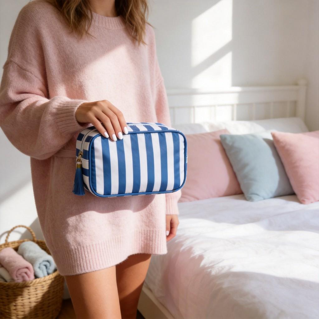 Polyester Striped Makeup Bag With Tassels For Daily Use And Travel Storage