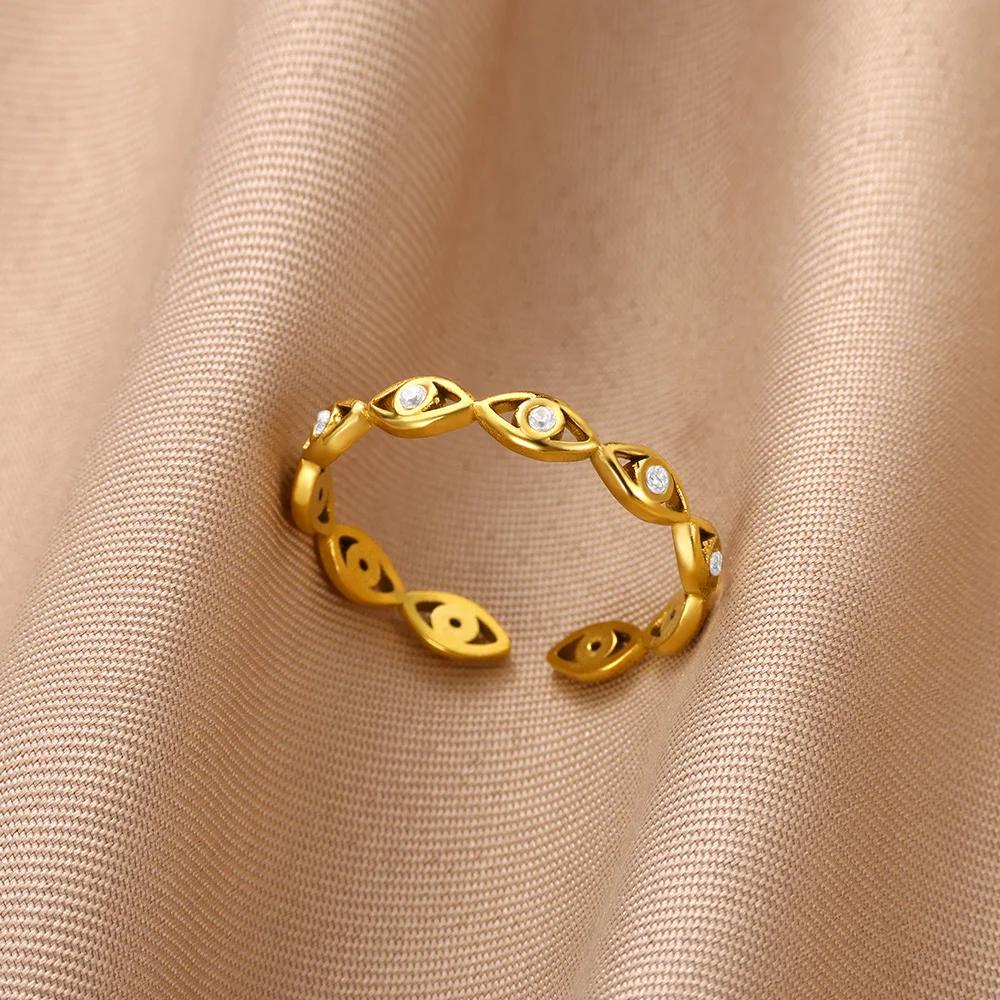 Dainty Zircon Shell Starfish Turtle Evil Eye Rings Stainless Steel Ring Women Anti Fading Golden Charm Zircon Accessories Gifts