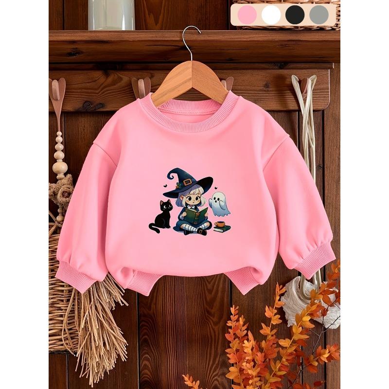 Kids Crewneck Sweatshirt, Cute Witch Hat Graphic Print, Spring Autumn Casual Tops