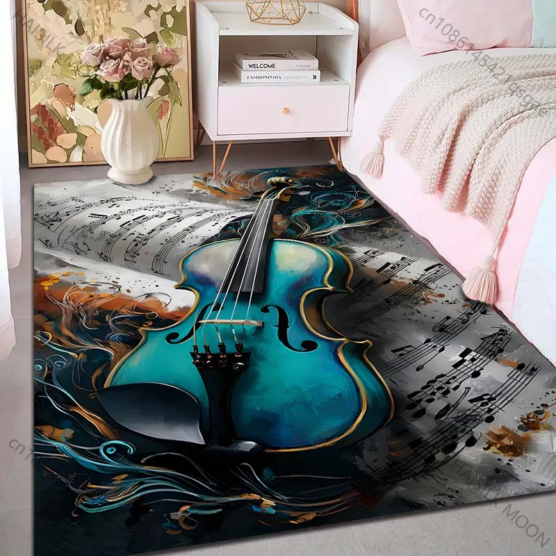 Multiple Sizes Blue Violin and Sheet Music Carpet for Living Room Bedroom Sofa Home Decor Rus Non-slip Floor Mat Luxury Gift