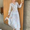 Spring Holiday Crochet Lace Embroidery Hollow Out Floral Print Party Dress Women's Long Sleeve Pearl Buttons Up Belt Clothing