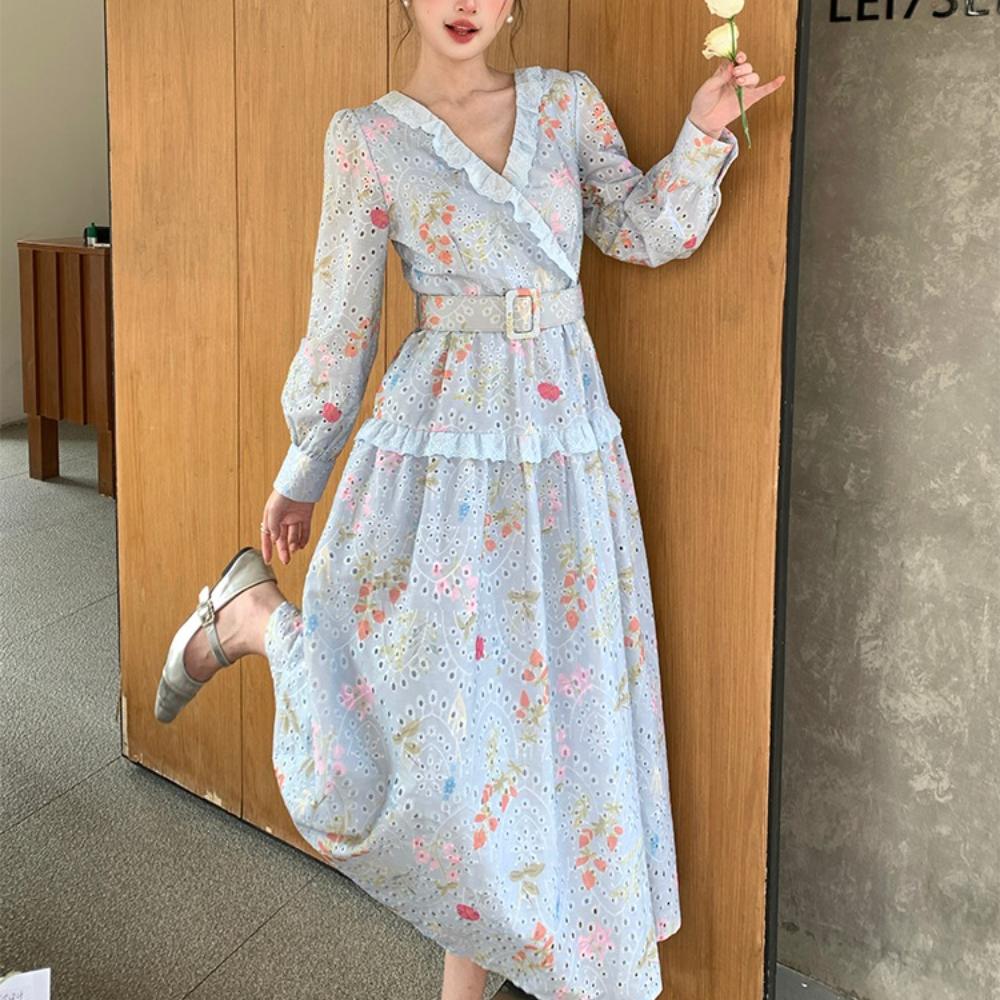 Spring Holiday Crochet Lace Embroidery Hollow Out Floral Print Party Dress Women's Long Sleeve Pearl Buttons Up Belt Clothing