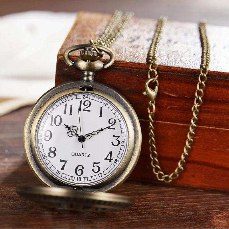 Steampunk Clock Necklace Quartz Movement Bronze Chain Flip Pointer Display Pocket Watch for Women Men