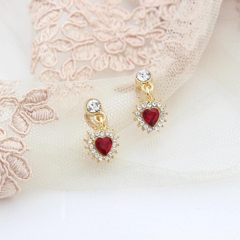 Burgundy Heart Rhinestone Earrings, s925 Sterling Silver, Gold-Plated Studs – Fashionable Luxury Women's Jewelry