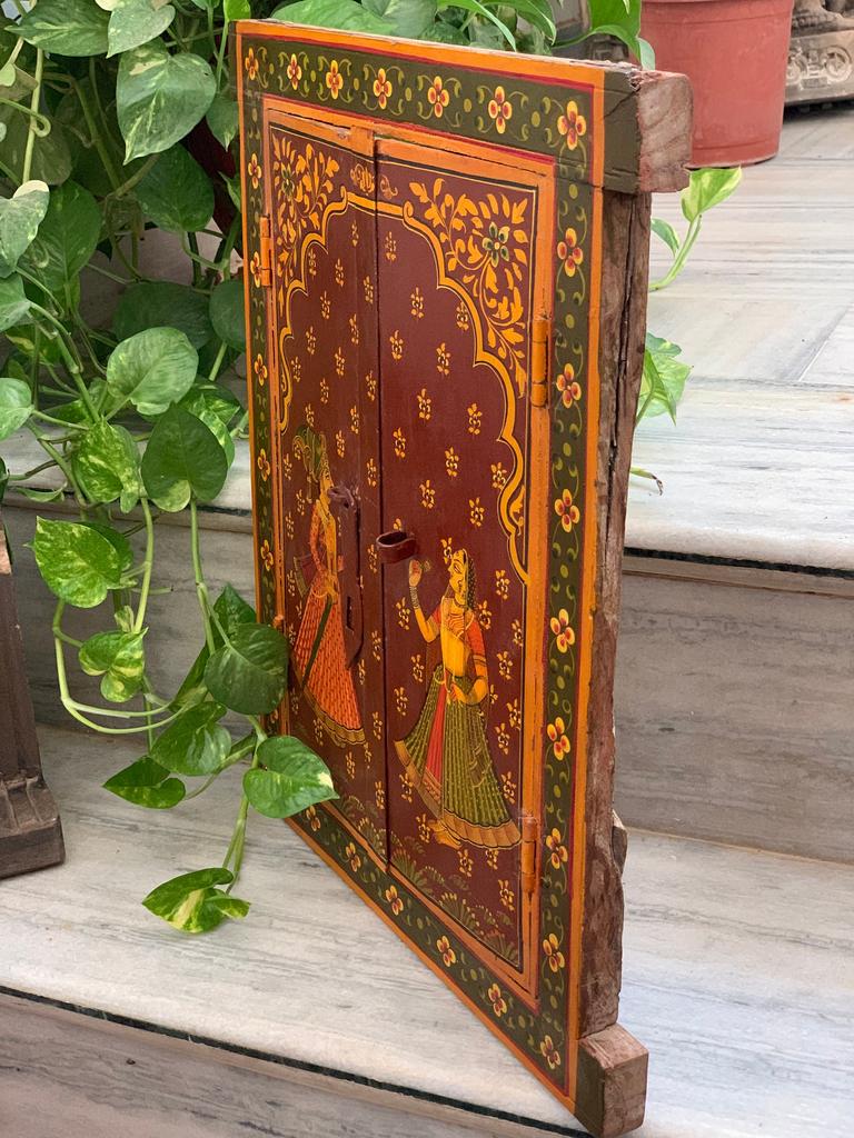 Handmade Antique Jharokha Window: Royal Couple Painting, Indian Festival Decor