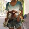 Animal Women's T Shirt Summer Casual Short Sleeve Top Cute Calf Pattern 3d Print Street Fashion V-Neck Female Harajuku Clothing