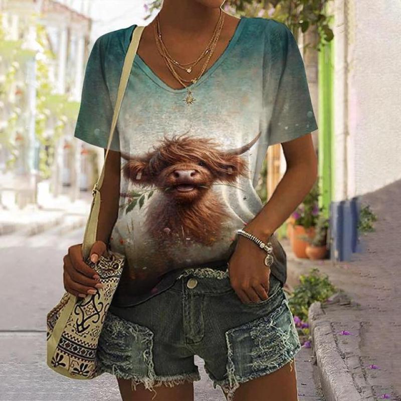 Animal Women's T Shirt Summer Casual Short Sleeve Top Cute Calf Pattern 3d Print Street Fashion V-Neck Female Harajuku Clothing