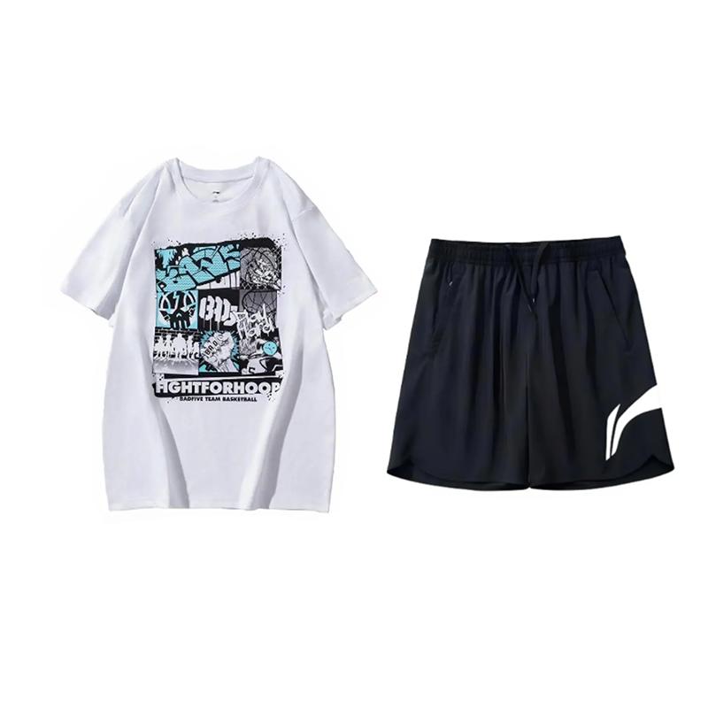 

Li-Ning Fashionable Breathable Round Neck Pullover Short Sleeve T-Shirt Casual Sports Set Unisex Tops AHSUA27-1+YKSV197-2 L
