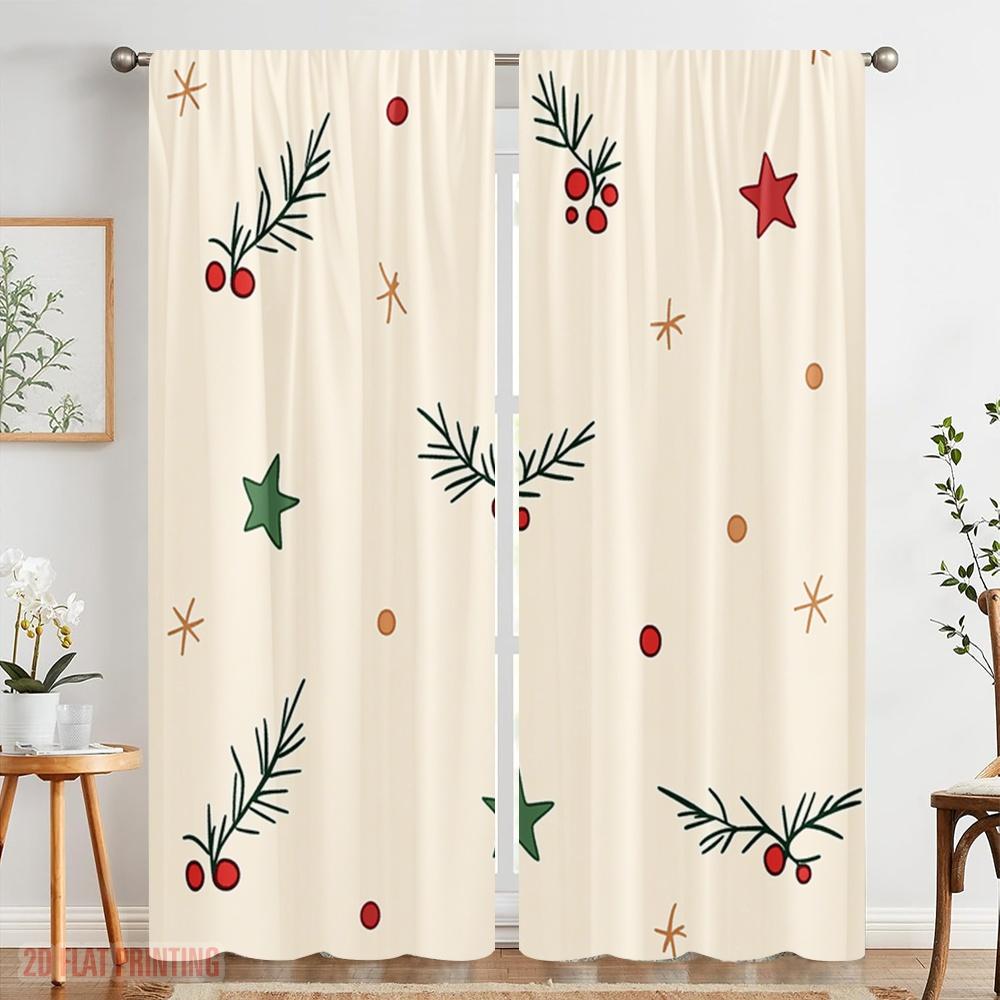 2 szt., druk płaski 2D Zasłony filtrujące światło Gałązka z jagodami bożonarodzeniowymi Gwiazda Wszechstronna tkanina poliestrowa (bez pręta) Dekoracje